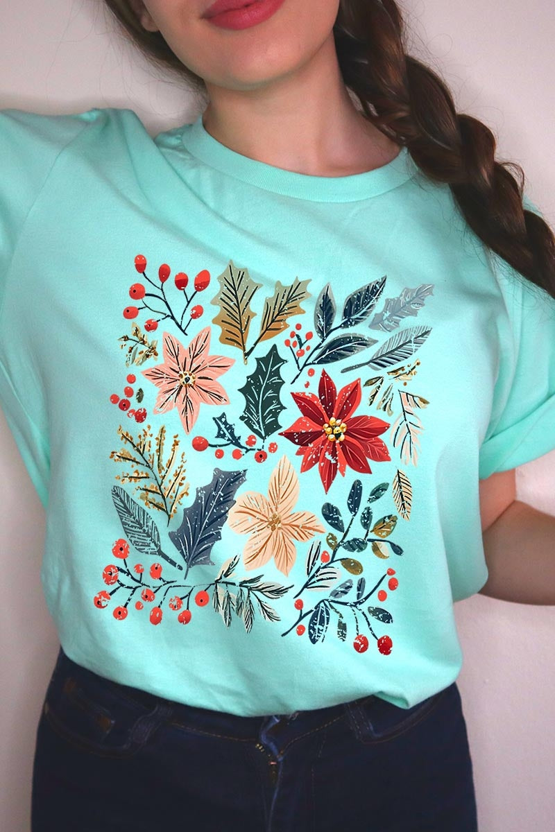 US3001-E3186 Floral Christmas Graphic Tee $12.5