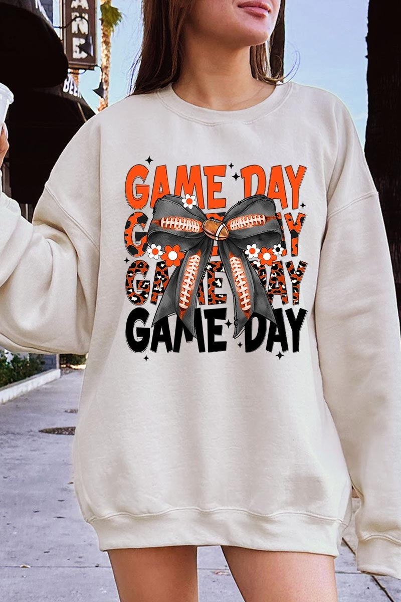 UL180-E3088 Orange Black Football Game Day Bow Sweatshirt $20