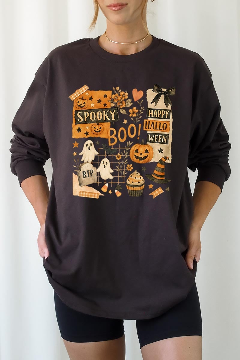 UL240P-E3084 Halloween collage Graphic Plus Long Sleeve Tee $17