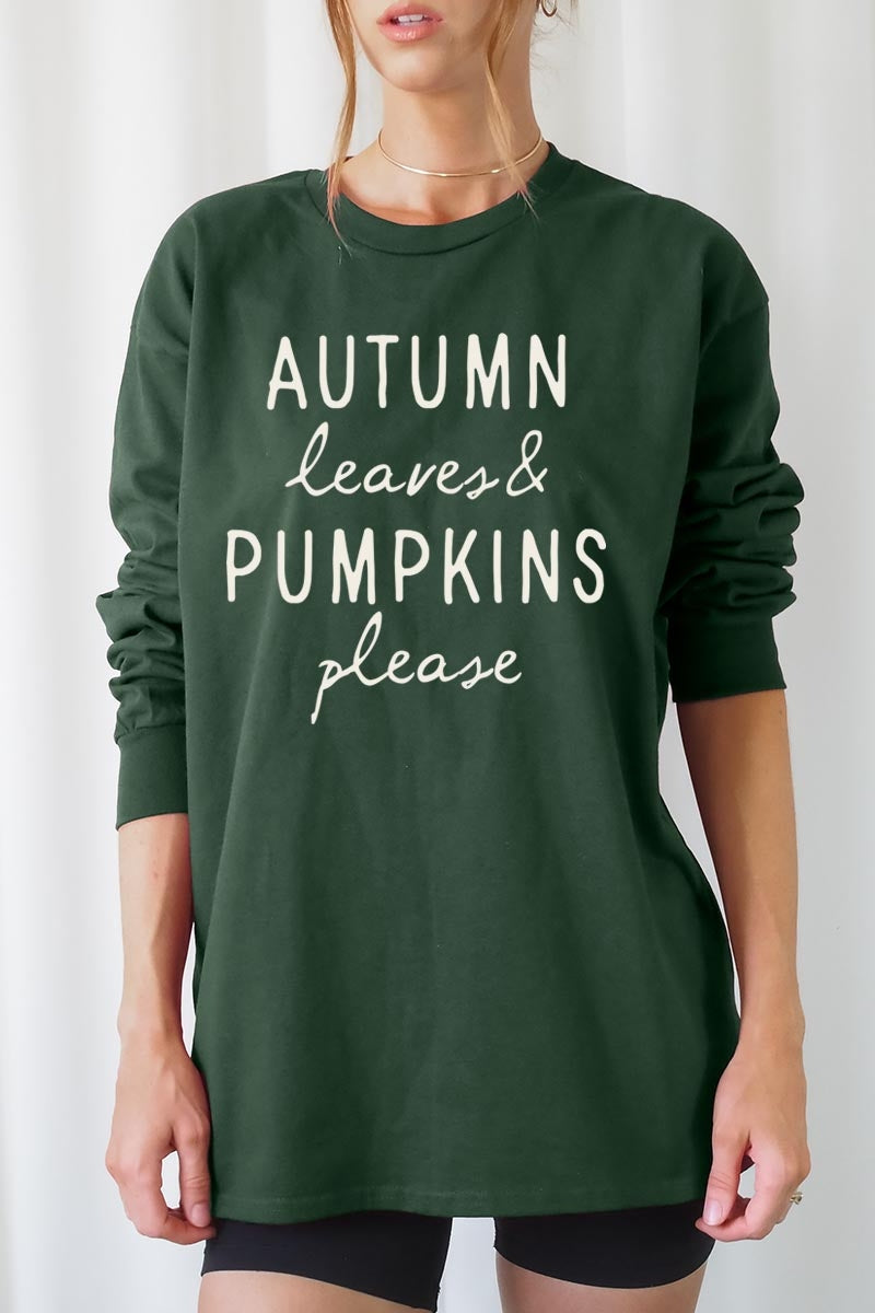 UL240P-E3158 Autumn Leaves Pumpkins Graphic Plus Long Sleeve Tee $17