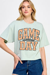 CTS-E3129 Orange Gingham Game Day Graphic Relaxed Crop Top $11