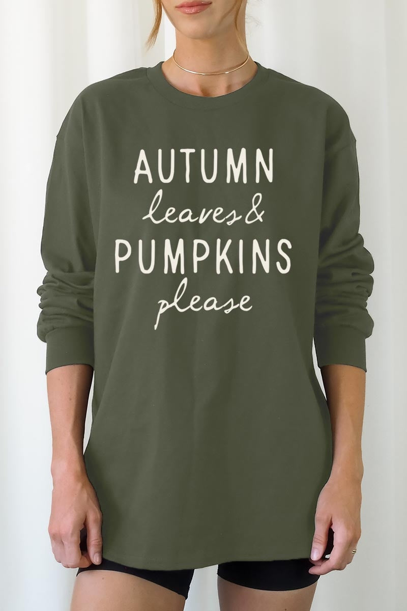 UL240P-E3158 Autumn Leaves Pumpkins Graphic Plus Long Sleeve Tee $17