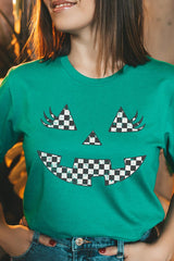 US3001P-E3149 Checker Pumpkin Face Graphic Plus Tee $16