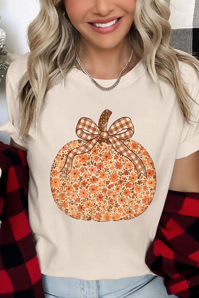 US3001-E3135 Floral Fall Pumpkin Graphic Tee $12.5