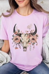 US3001-E3113 Western Skull Floral Graphic Tee $12.5