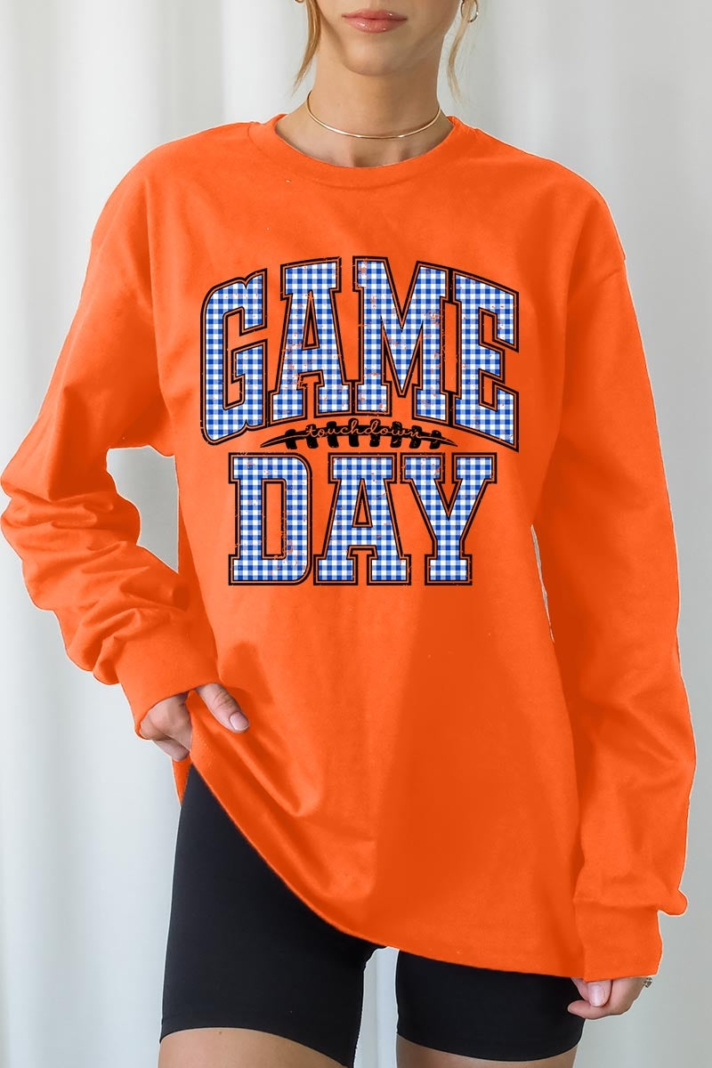 UL240-E3130 Blue Gingham Game Day Graphic Long Sleeve Tee $13.75