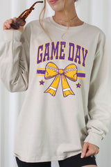UL240P-E3063 Purple Game Day Football Bow Plus Long Sleeve Tee $17