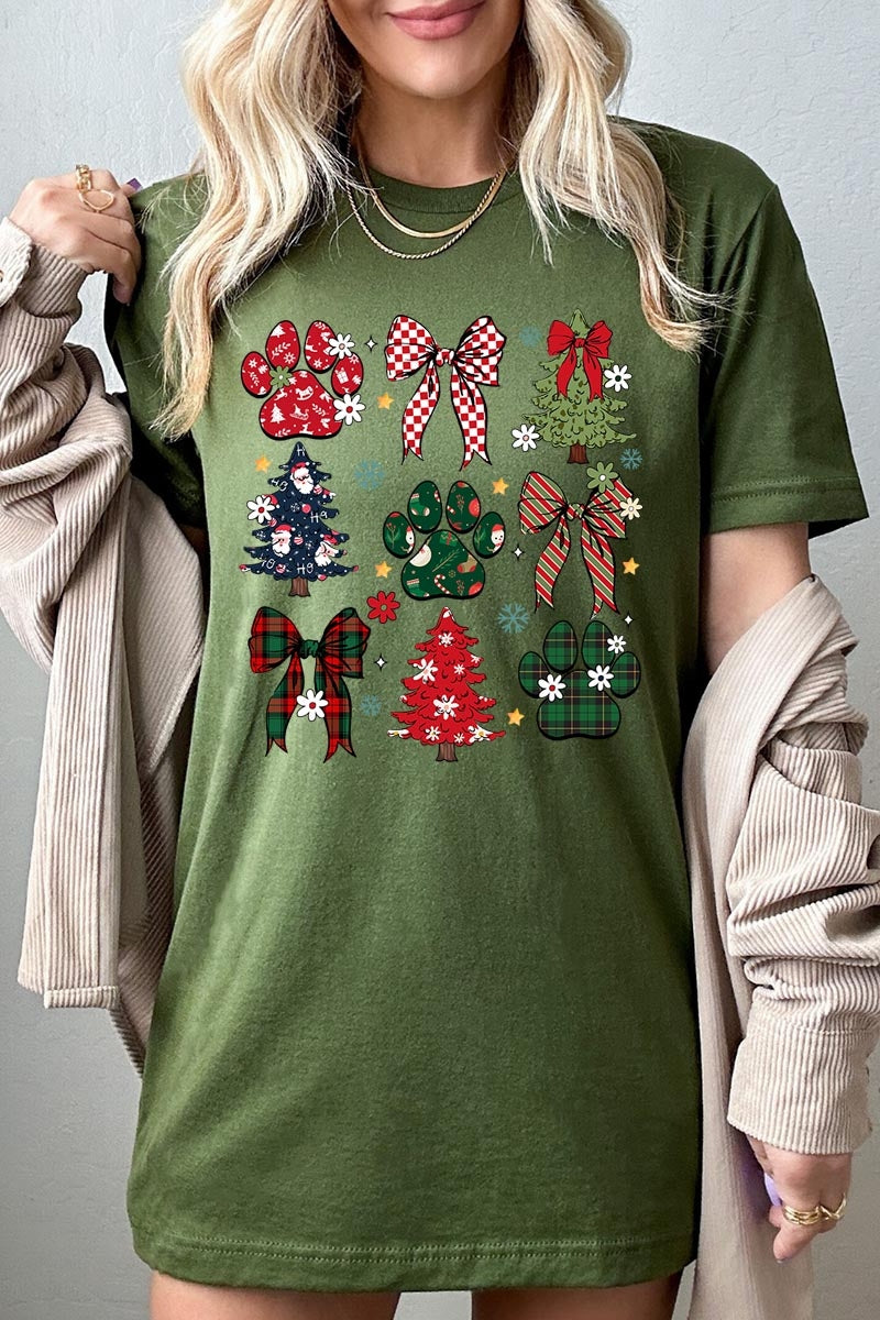 US3001-E3195 Christmas Bow Paw Graphic Tee $12.5