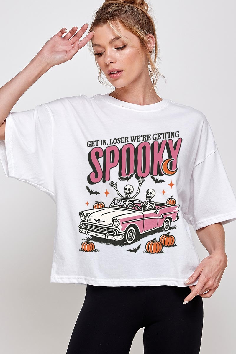 CTS-E3142 Spooky Skeleton Graphic Relaxed Crop Top $11
