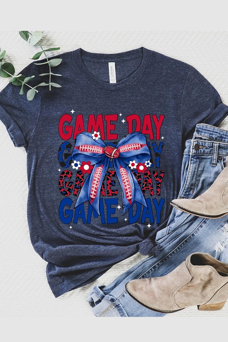 US3001-E3087 Red Blue Football Game Day Bow Graphic Tee $12.5