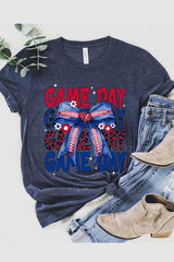 US3001P-E3087 Red Blue Football Game Day Bow Graphic Plus Tee $16