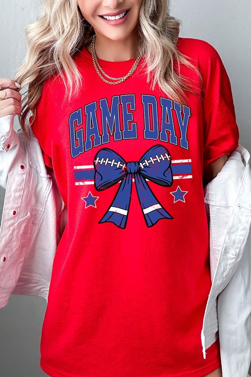 5000-E3065 Blue Football Bow Graphic Heavy Cotton Tee $9