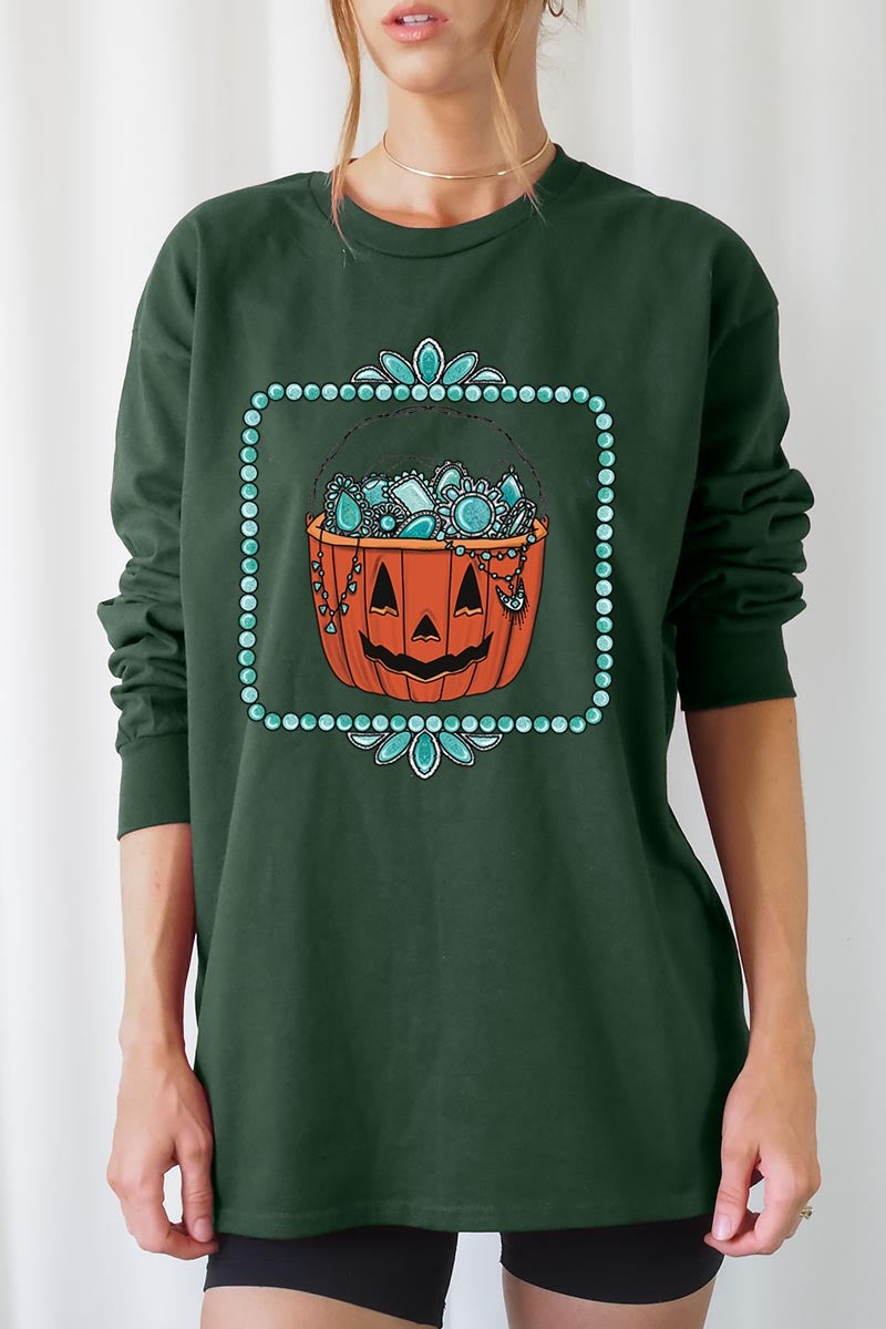 UL240P-E3140 Halloween turquoise pumpkin Plus Long Sleeve Tee $17