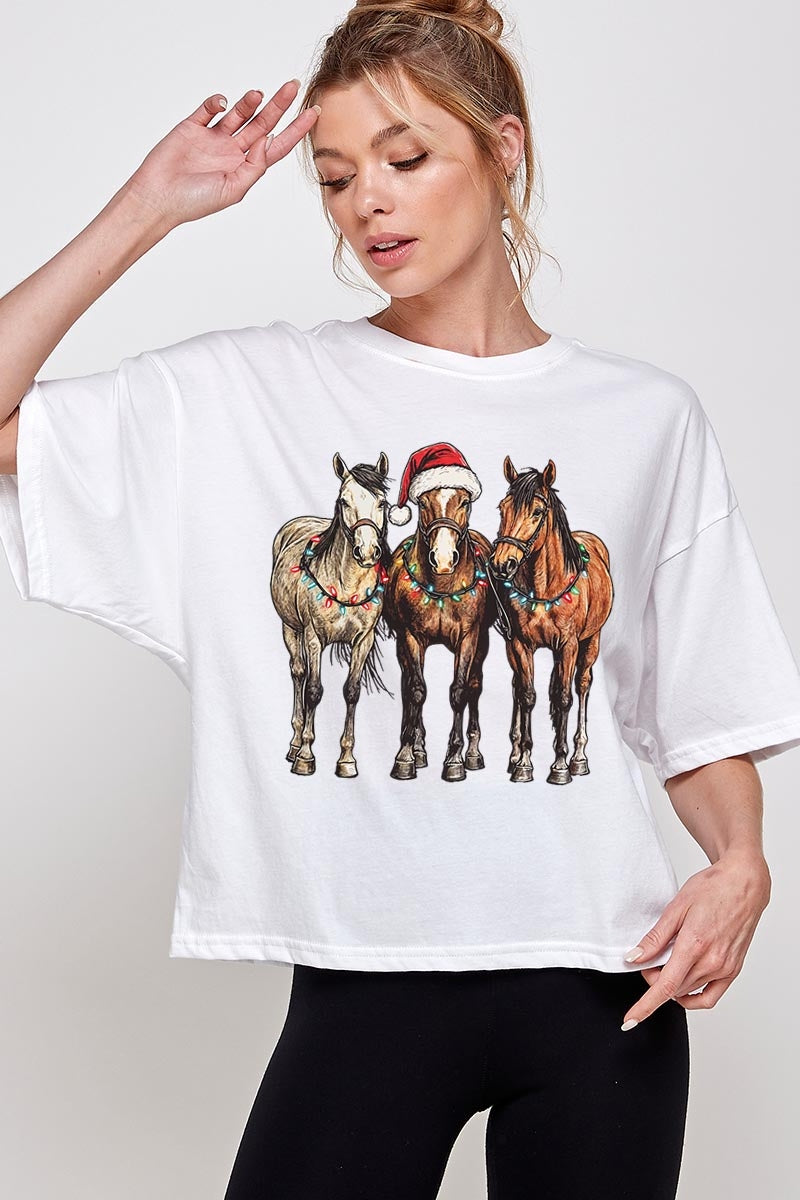 CTS-E3182 Christmas Horses Graphic Relaxed Crop Top $11
