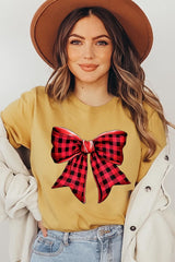 US3001-E3198 Red Buffalo Plaid Bow Graphic Tee $12.5