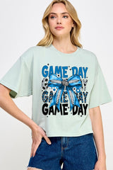 CTS-E3089 Blue Silver Football Game Day Bow Relaxed Crop Top $11