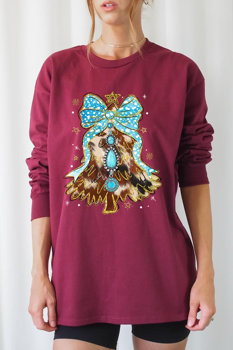 UL240-E3184 Turquoise Christmas Tree Graphic Long Sleeve Tee $13.75