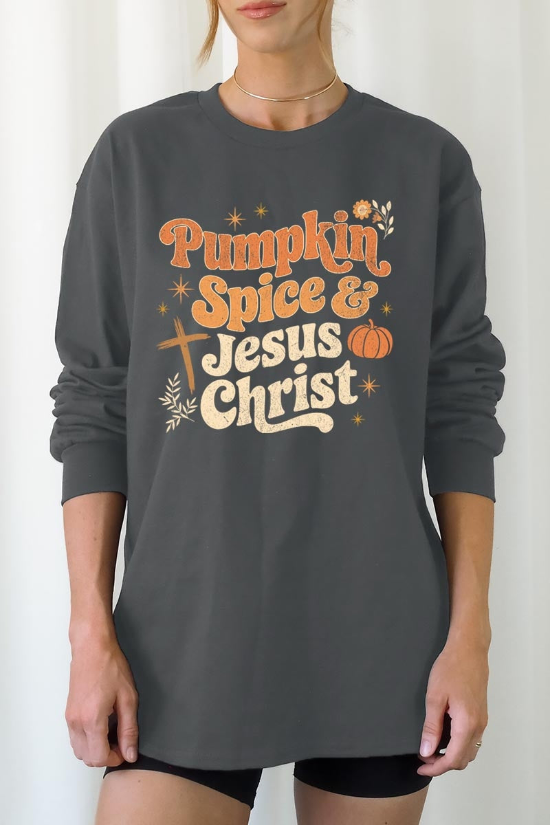UL240-E3164 Pumpkin Spice & Jesus Graphic Long Sleeve Tee $13.75