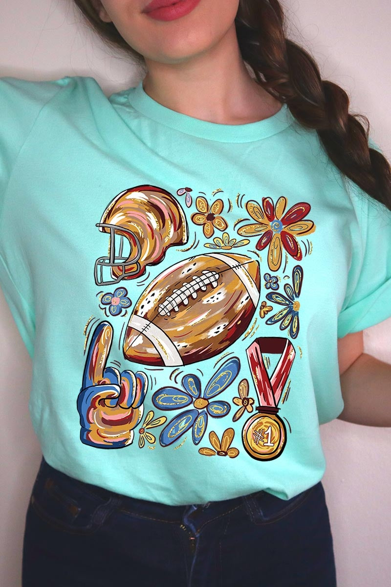 US3001-E3072 Retro Floral Football Graphic Tee $12.5