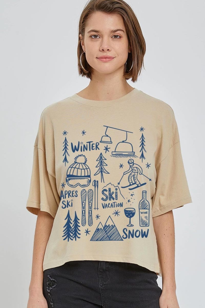 CTS-E3188 Ski Doodle Graphic Relaxed Crop Top $11