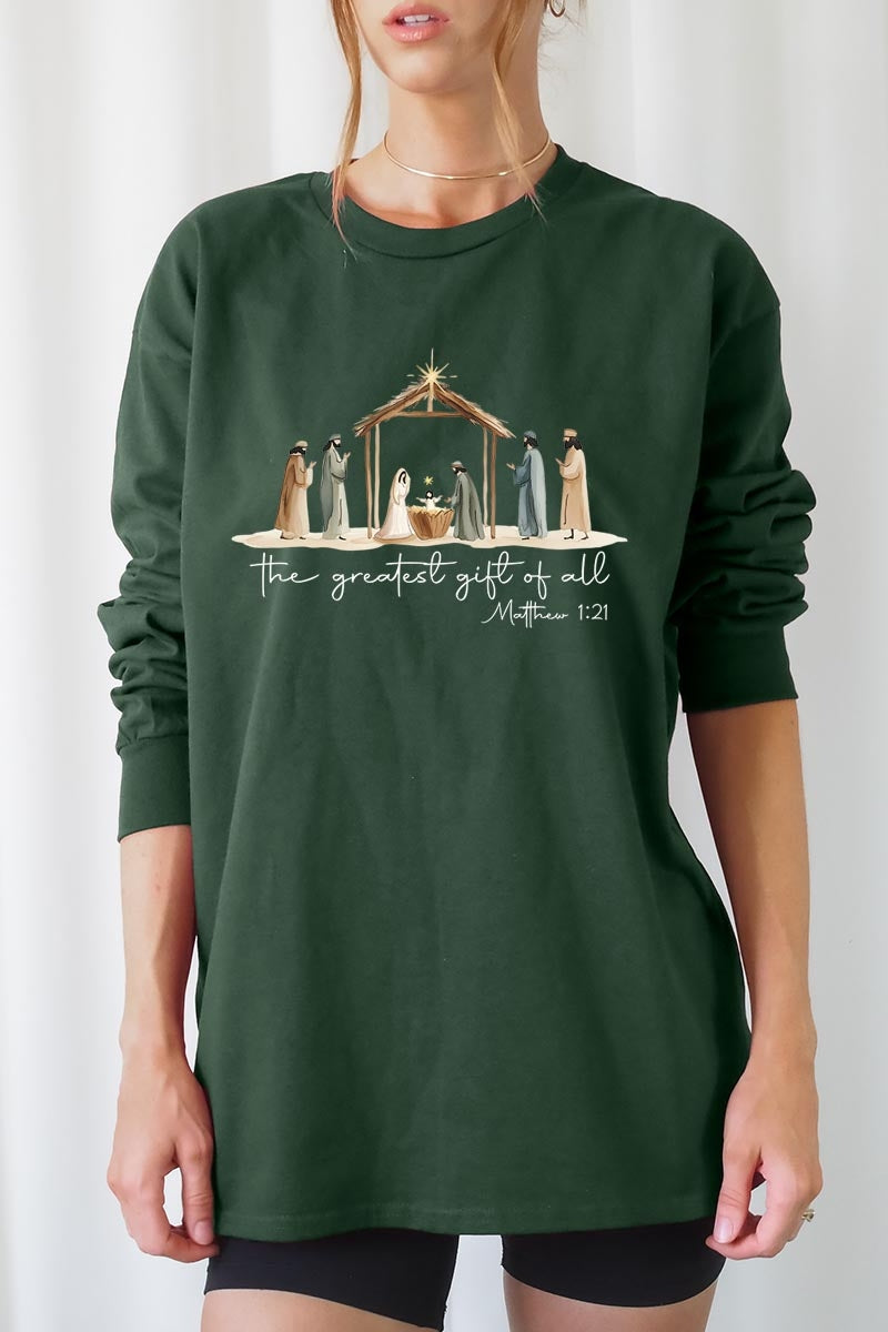 UL240P-E3183 Nativity Gift Graphic Plus Long Sleeve Tee $17