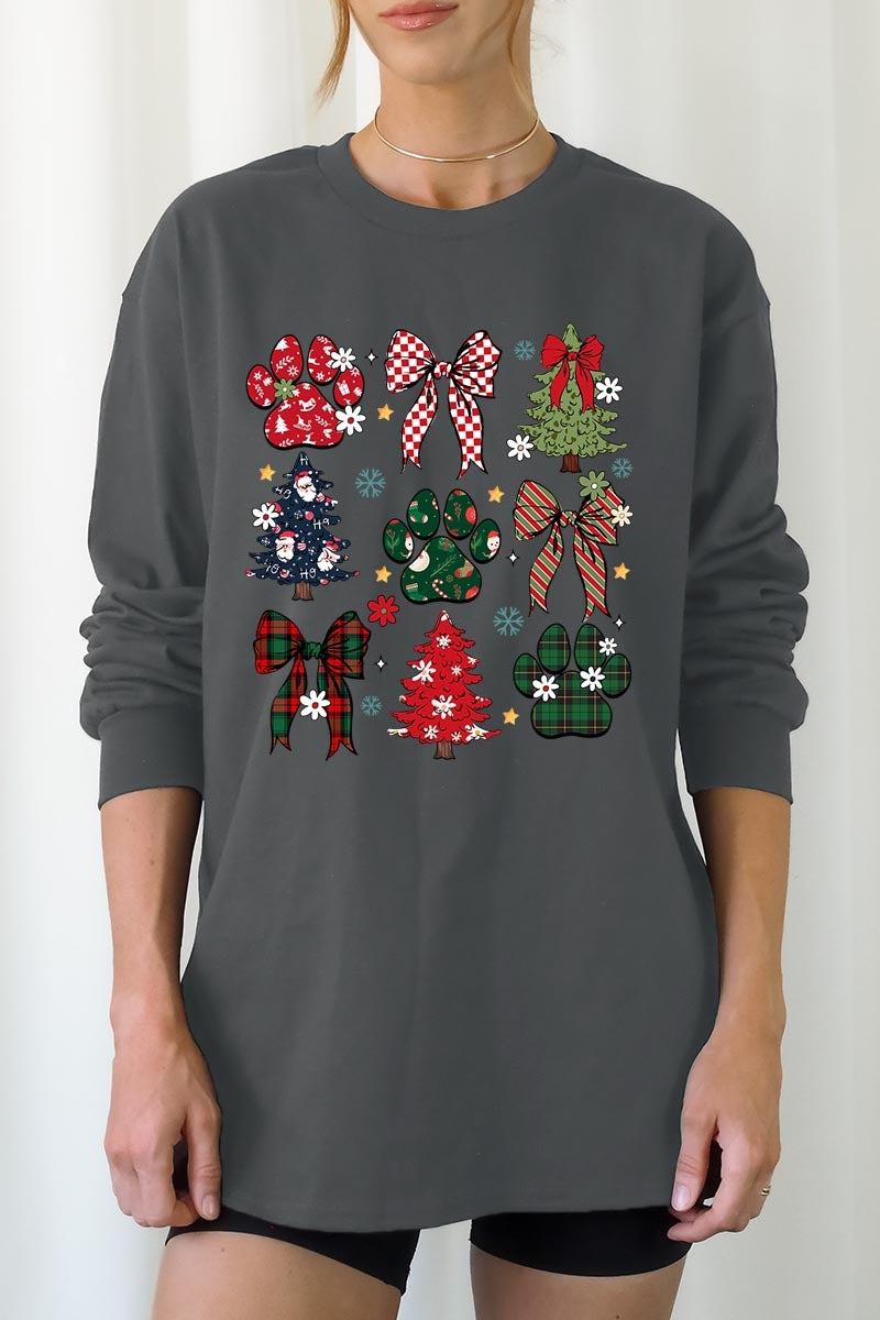 UL240-E3195 Christmas Bow Paw Graphic Long Sleeve Tee $13.75