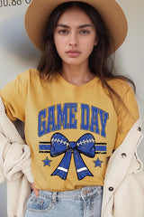 US3001-E3065 Blue Game Day Football Bow Graphic Tee $12.5