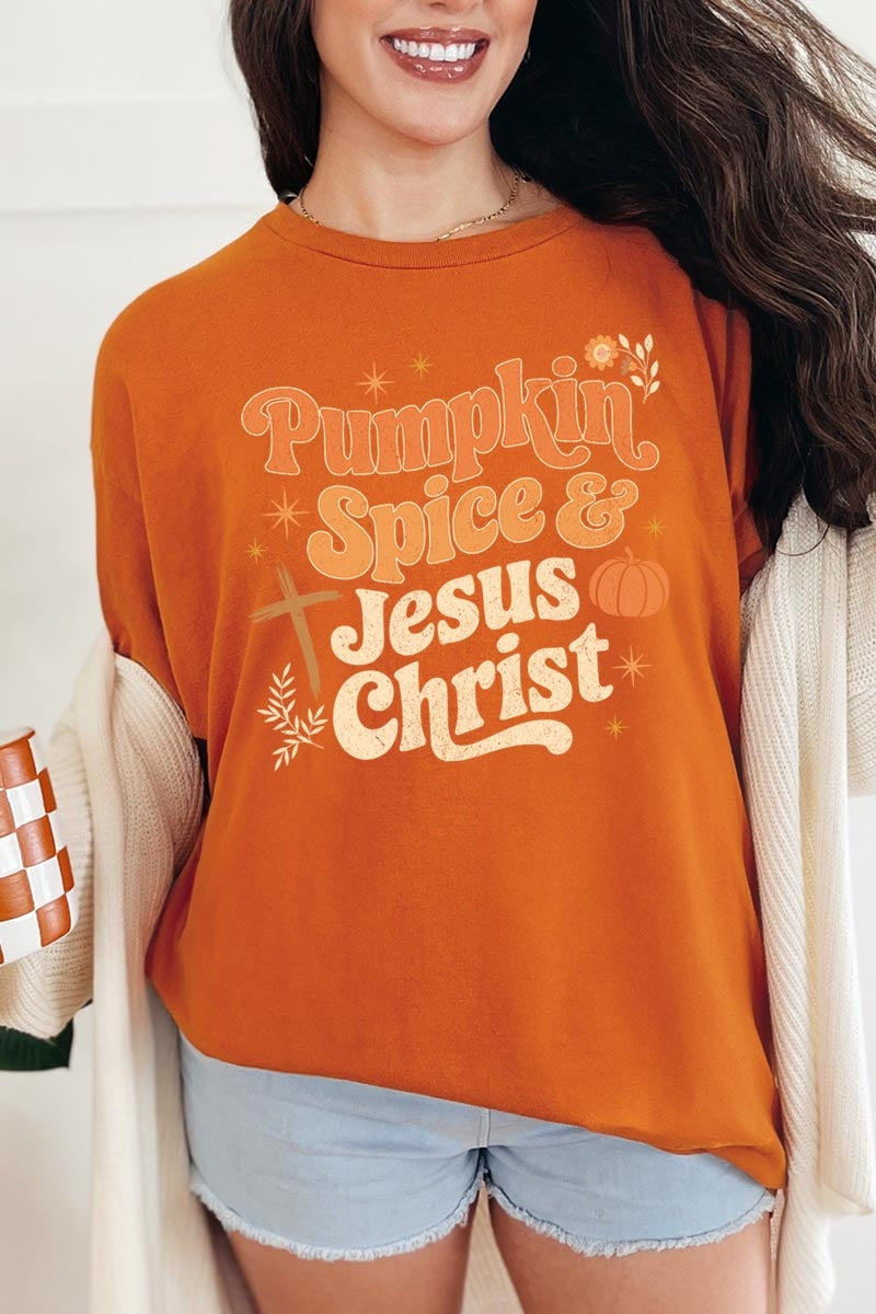 5000-E3164 Pumpkin Spice & Jesus Graphic Heavy Cotton Tee $9