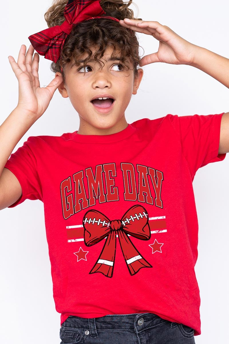 US3001Y-E3062Z Red Game Day Football Bow Kids Graphic Tee $11