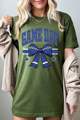 US3001-E3065 Blue Game Day Football Bow Graphic Tee $12.5