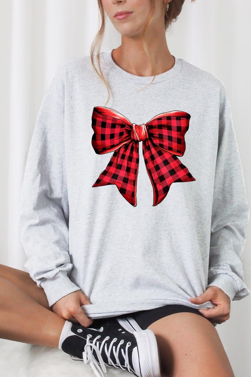UL240-E3198 Red Buffalo Plaid Bow Graphic Long Sleeve Tee $13.75