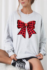 UL240-E3198 Red Buffalo Plaid Bow Graphic Long Sleeve Tee $13.75