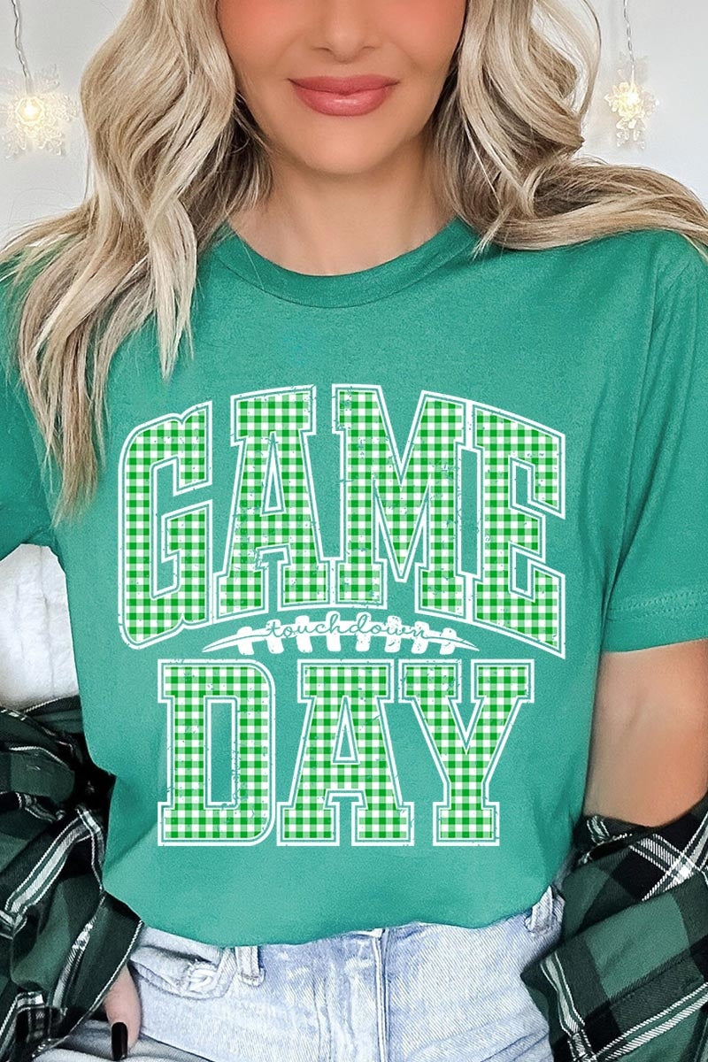 US3001-E3128 Green Gingham Game Day Graphic Tee $12.5