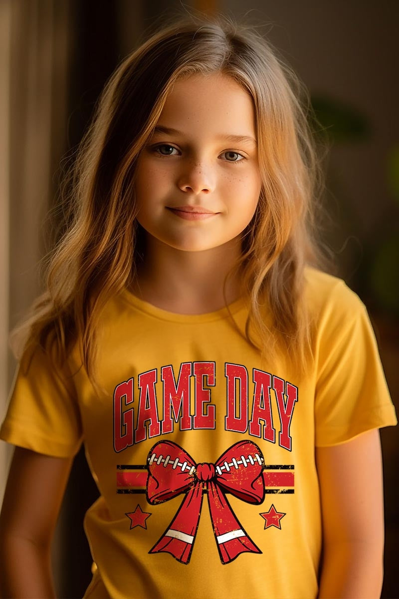 US3001Y-E3062Z Red Game Day Football Bow Kids Graphic Tee $11