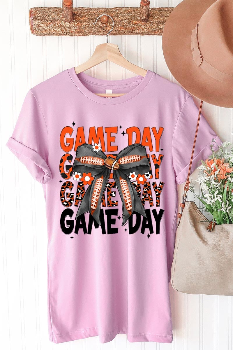 US3001-E3088 Orange Black Football Game Day Bow Graphic Tee $12.5