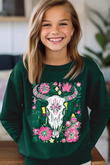 UL180B-E3086Z Western Floral Cow Skull Kids Graphic Sweatshirt $20