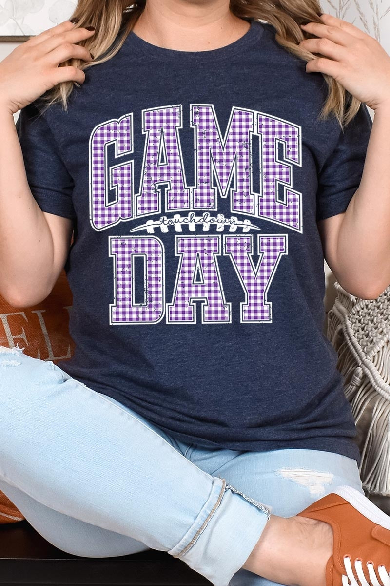 US3001-E3127 Purple Gingham Game Day Graphic Tee $12.5