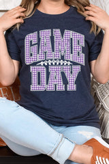 US3001-E3127 Purple Gingham Game Day Graphic Tee $12.5
