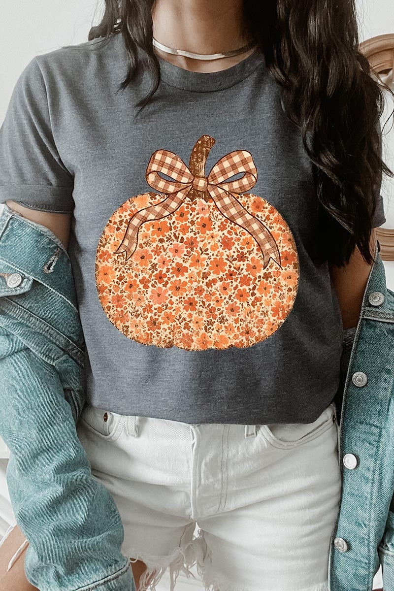 US3001P-E3135 Floral Fall Pumpkin Graphic Plus Tee $16