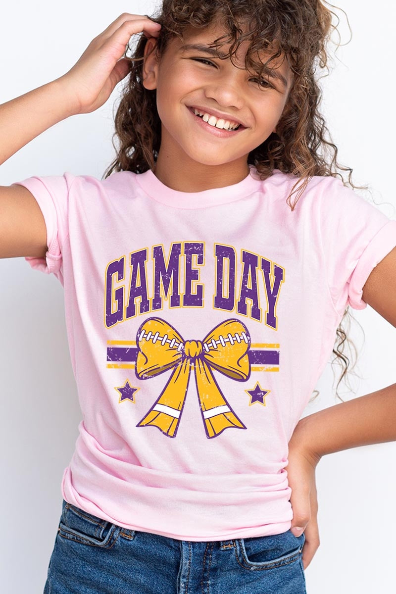 US3001Y-E3063Z Purple Game Day Football Bow Kids Graphic Tee $11