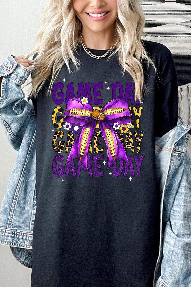5000P-E3092 Purple Yellow Football Bow Plus Heavy Cotton Tee $12.75
