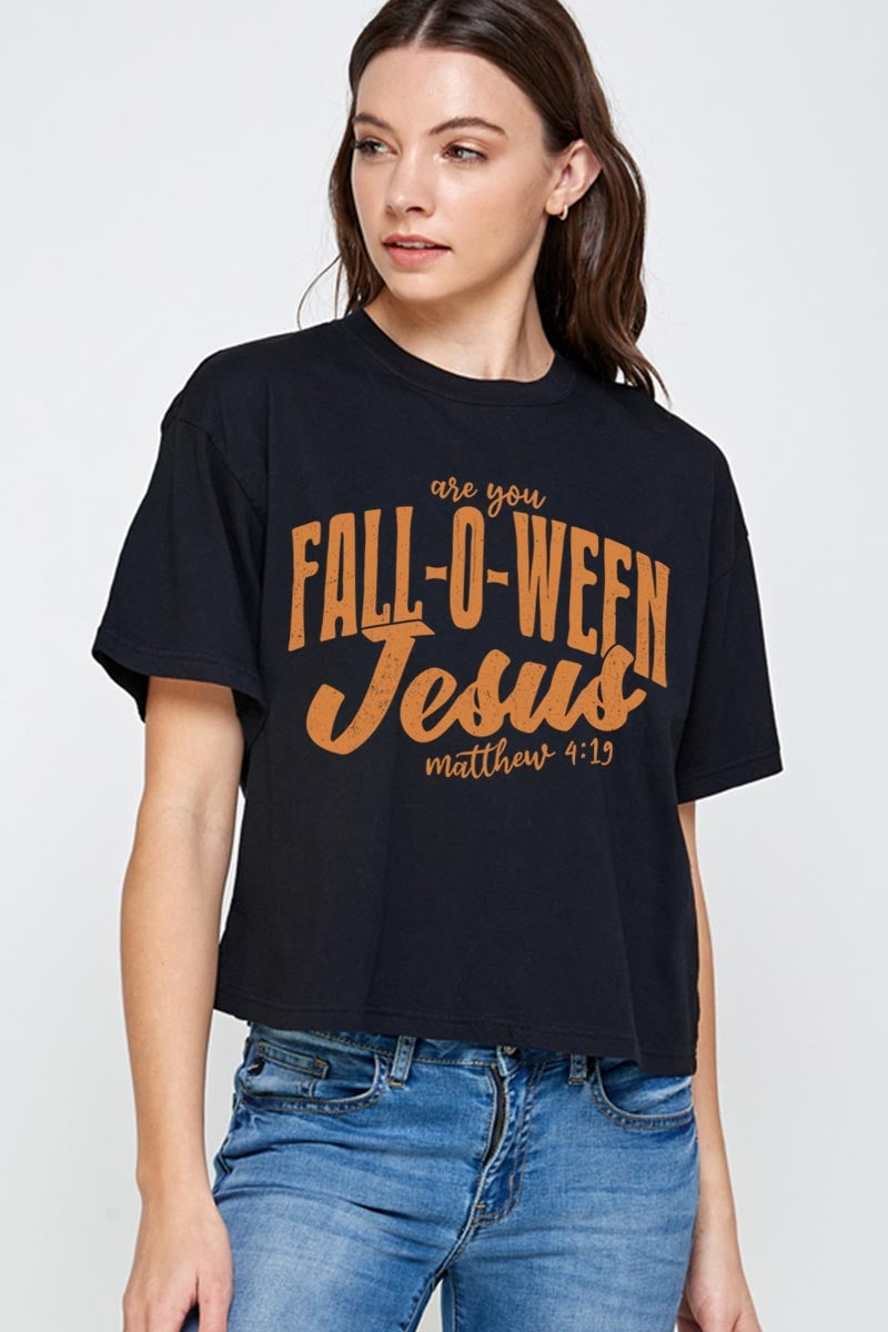 CTS-E3143 Are You Fall O Ween Jesus Graphic Relaxed Crop Top $11