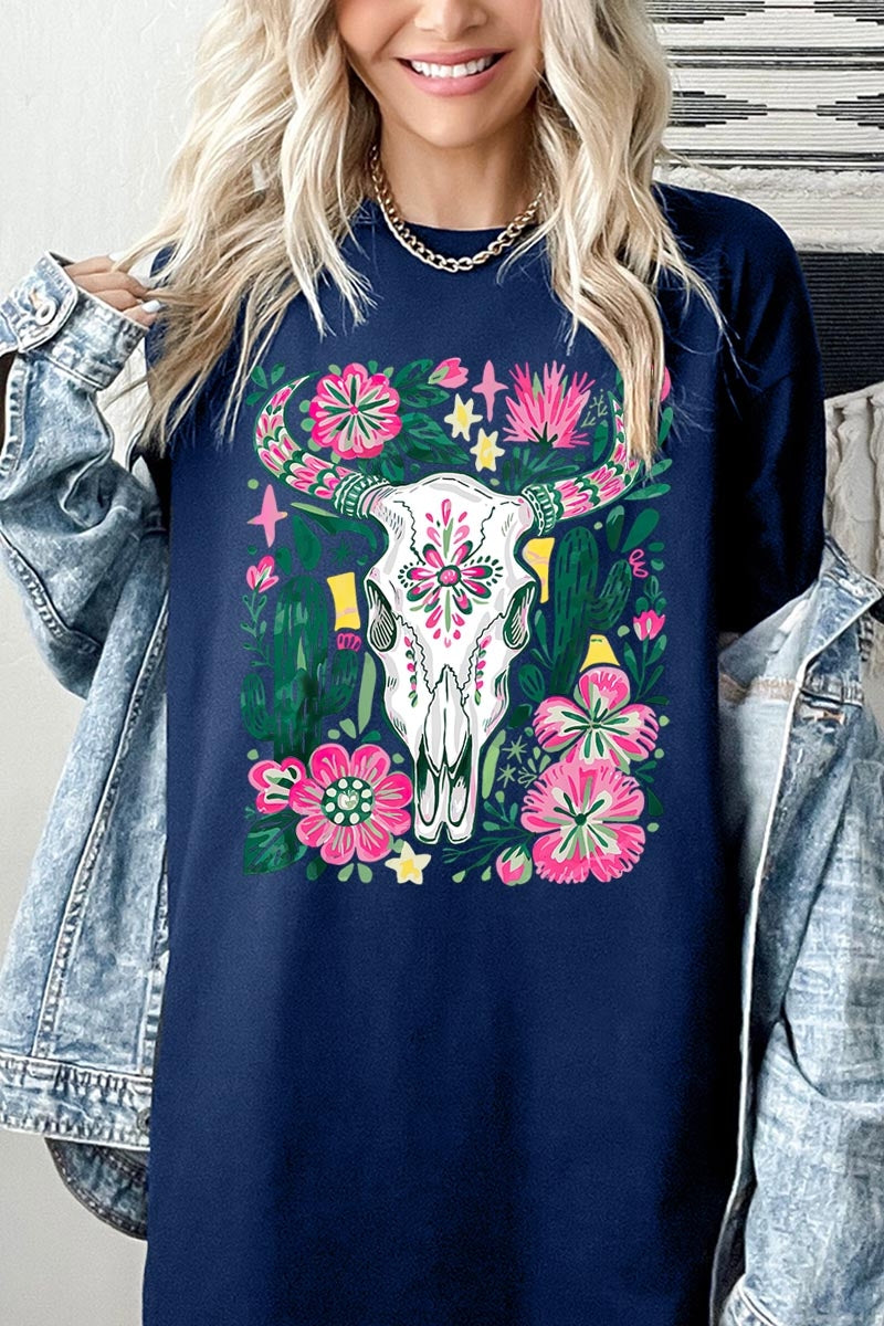 5000-E3086 Western Floral Cow Skull Graphic Heavy Cotton Tee $9