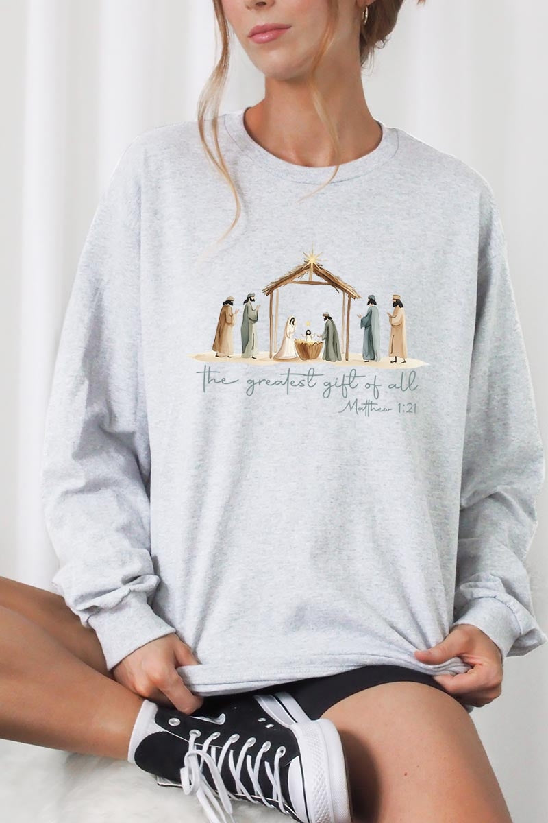 UL240-E3183 Nativity Gift Graphic Long Sleeve Tee $13.75