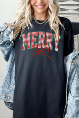 5000-E3206 Plaid Merry Christmas Bow Graphic Heavy Cotton Tee $9