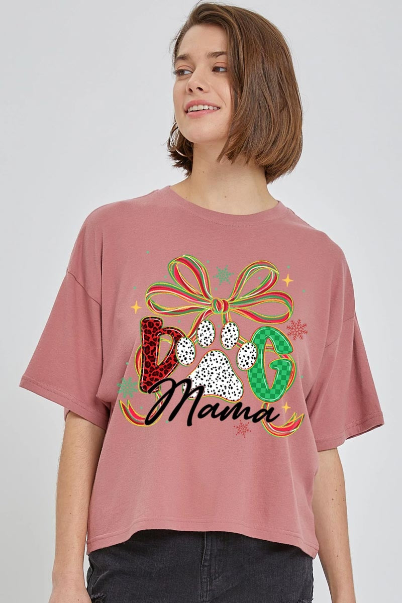 CTS-E3194 Dog Mama Christmas Paw Graphic Relaxed Crop Top $11