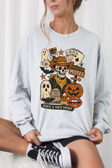 UL240-E3107 Spooky Western Skeleton Graphic Long Sleeve Tee $13.75