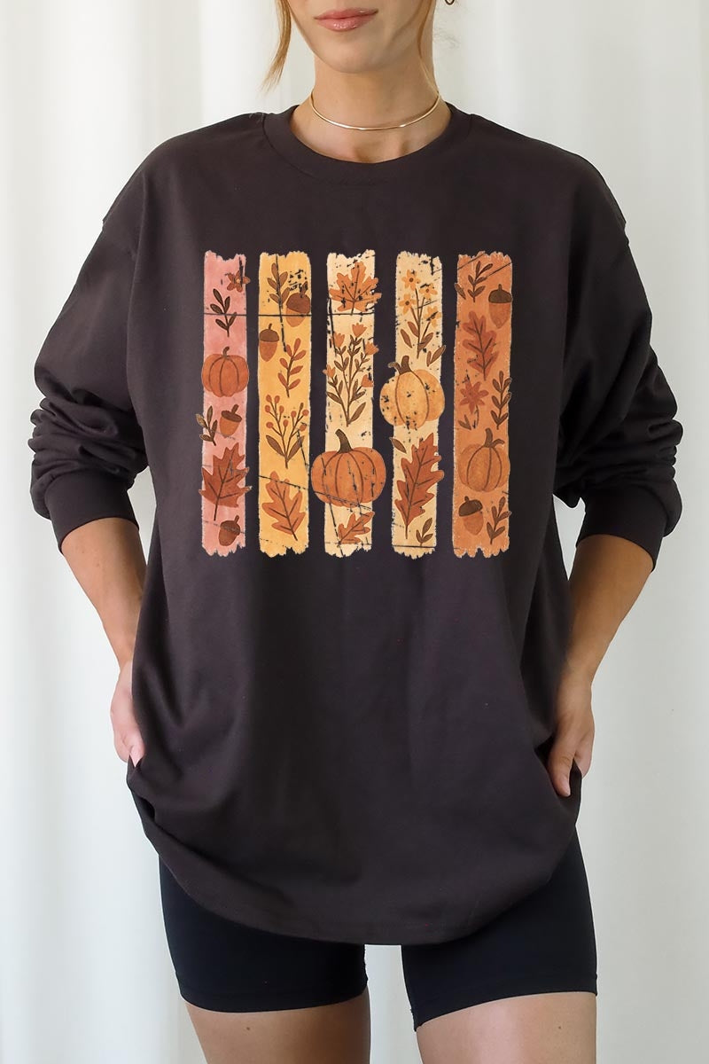 UL240P-E3110 Brushstroke Boho Fall Graphic Plus Long Sleeve Tee $17