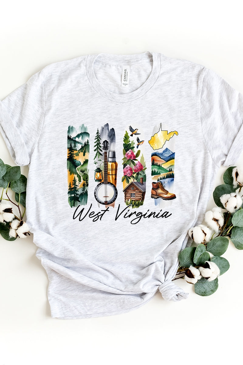 US3001P-E3061WV West Virginia State Brushstroke Graphic Plus Tee $16