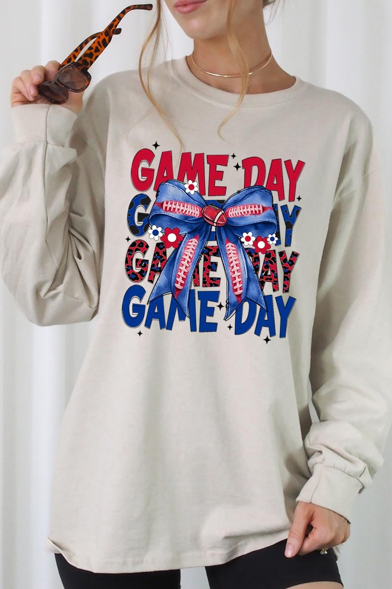 UL240-E3087 Red Blue Football Game Day Bow Long Sleeve Tee $13.75